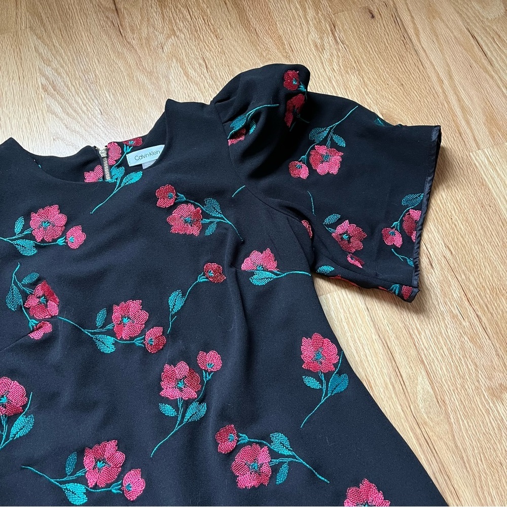 Calvin Klein Black Dress with Red Rose Embroidery - Size 10 - Picture 8 of 10
